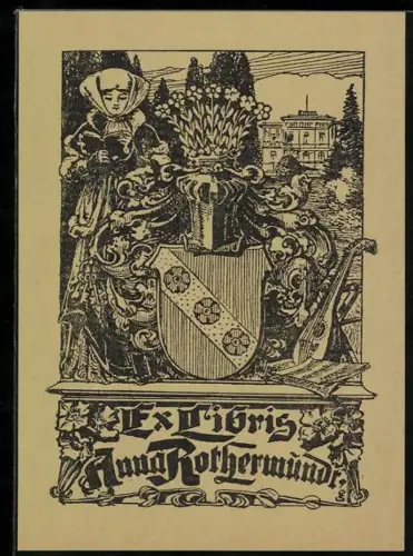 Exlibris Anna Rothermund, Wappen mit Frau und Villa