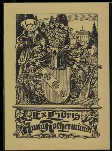 Exlibris Anna Rothermundt, Wappen und Dame vor Villa