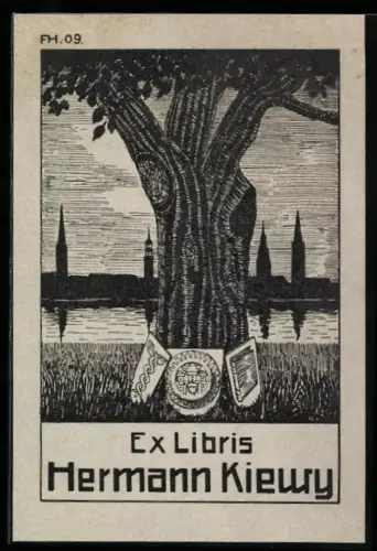 Exlibris Hermann Kiewry, Wappen lehnen an einem Baum