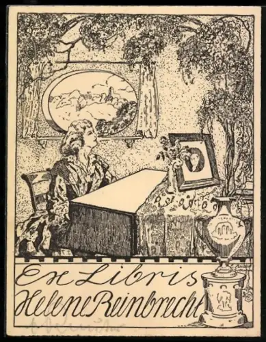 Exlibris Helene Reinbrecht, Frau am Schreibtisch mit Landschaftsbild im Hintergrund
