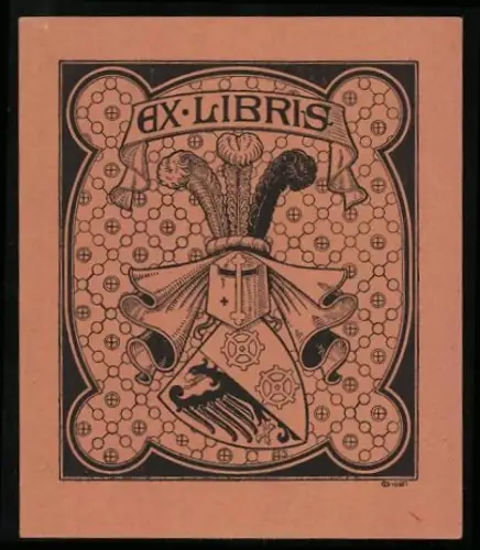 Exlibris Wappen und Federhelm, Geometrisches Muster
