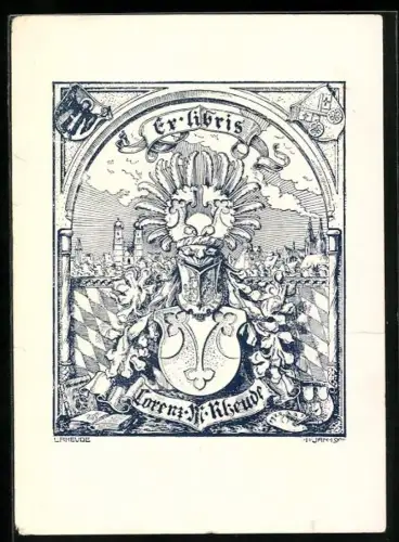 Exlibris Lorenz H. Rheude, Ortsansicht und Wappen