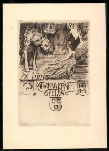 Exlibris Katharina Krafft, Frau mit Hund und Buch