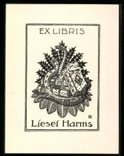 Exlibris Liesel Harms, Schlangen und Kröte bei Büchern