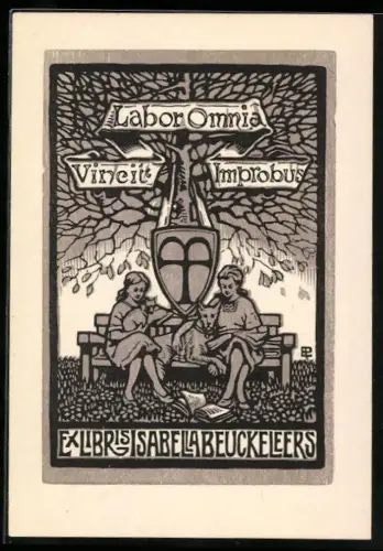 Exlibris Isabella Beuckeleers, Labor Omnia Vincit Improbus, Lesende Frauen mit Hund und Katze