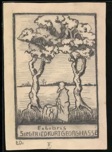 Exlibris Siegfried Kurt Georg Hasse, Landschaft mit Bäumen und Figur
