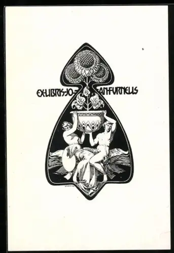 Exlibris Jo Sanfurkells, Zwei Figuren mit grosser Vase und floralen Elementen, Jugendstil
