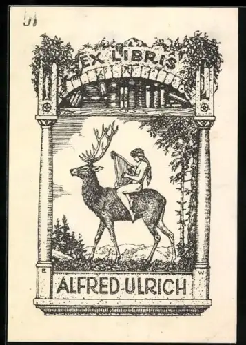 Exlibris Alfred Ulrich, Nackte Frau mit Harfe auf Hirsch im Wald