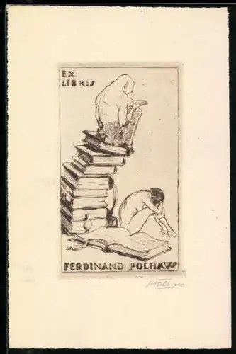 Exlibris Ferdinand Polhaw, Bücherstapel mit lesender Figur und nackter Frau