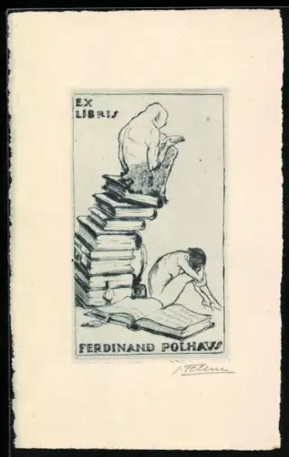 Exlibris Ferdinand Polhavo, Bücherstapel und Denkerfigur und nackter Frau