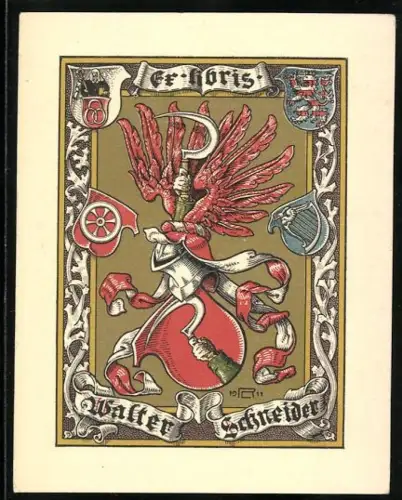 Exlibris Walter Schneider, Wappen mit geflügeltem Helm und Sichel