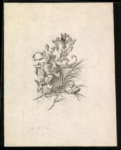 Exlibris Wappenschild mit Reiterstatue und Palmzweig