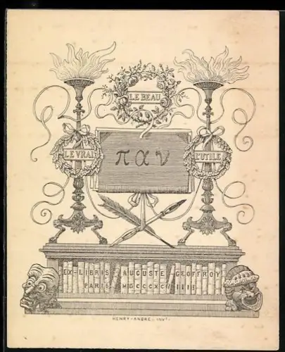 Exlibris Auguste Geoffroy, Le Beau, Le Vrai, L`Utile, 1893, Feuerschalen auf einem Bücherregal