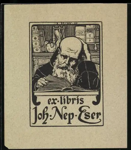 Exlibris Joh. Nep. Eser, Lesender Gelehrter in Bibliothek