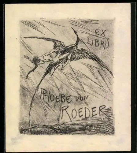 Exlibris Phoebe von Roeder, Fliegendes Fabelwesen mit Reiter