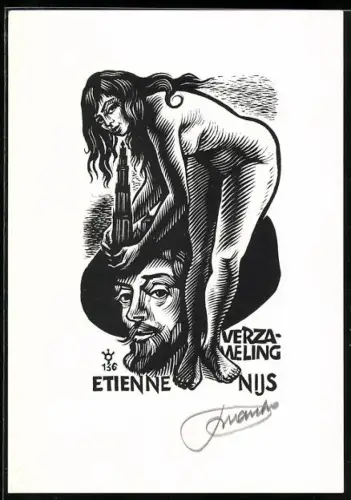Exlibris Etienne Verzameling Nijs, Nackte Frau mit Turm neben einem Männerkopf