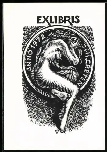 Exlibris J.H. Creten, Akt in Rundmedaillon