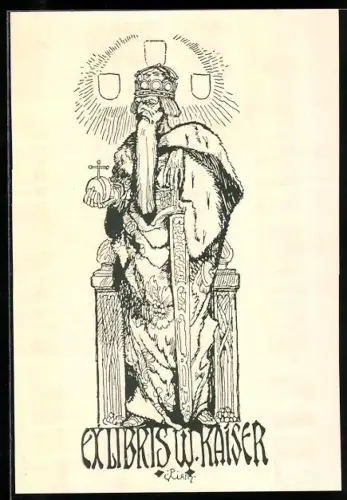 Exlibris W. Kaiser, König mit Schwert und Zepter