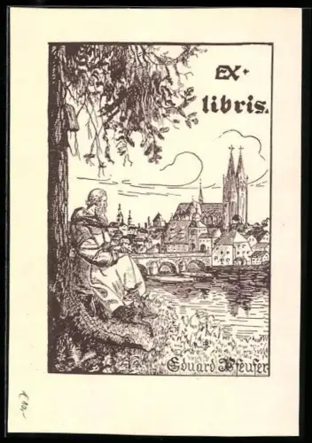 Exlibris Eduard Pfeufer, Mönch mit Ortsansicht im Hintergrund