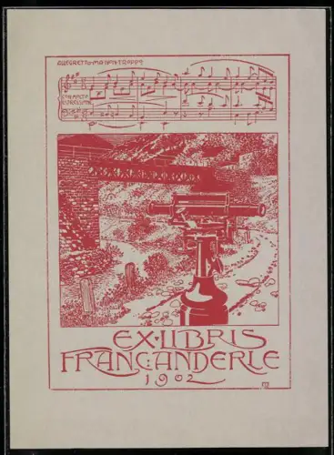 Exlibris Franc. Anderle, Teleskop und Partitur
