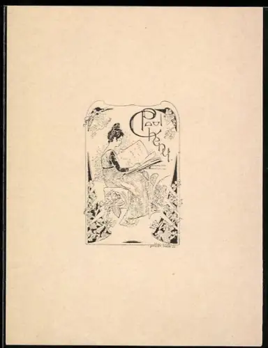 Exlibris Paul Chena, Lesende Frau im Jugendstil