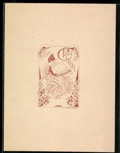 Exlibris Paul Chena, Lesende Frau und florale Verzierungen, Jugendstil