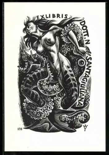 Exlibris Dott. N. Santagiuliana, Barbusige Meerjungfrau mit Tintenfisch und Fischen