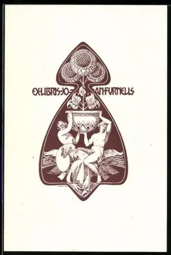 Exlibris Jo. Anfurneus, Musen mit ornamentaler Vase, Jugendstil