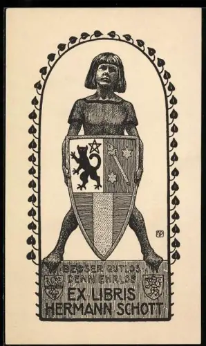 Exlibris Hermann Schott, Wappenhaltender Junge mit Schwert und Schild