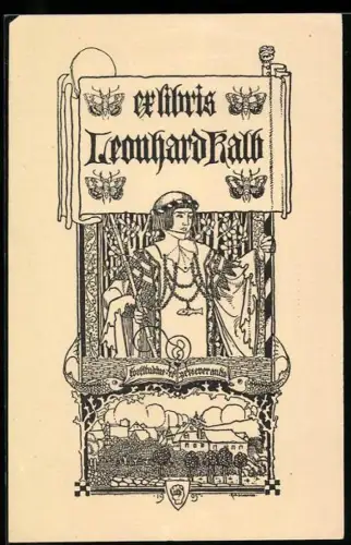 Exlibris Leonhard Kalb, Mittelalterliches Motiv mit Schmetterlingen und Landschaft
