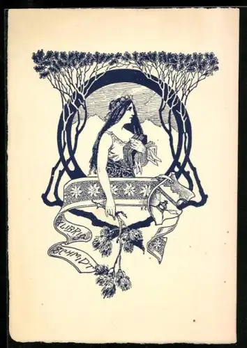 Exlibris Schmidt, Jugendstil-Frau mit Zweigen und Blumen