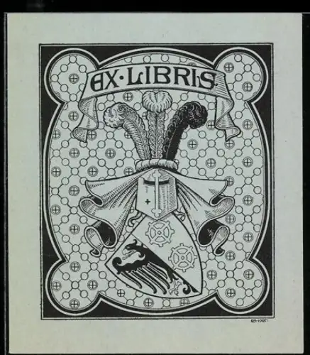 Exlibris Wappenschild und Federn, Verziert mit geometrischen Mustern