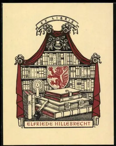 Exlibris Elfriede Hillebrecht, Bücherregal mit Wappen und Kerze