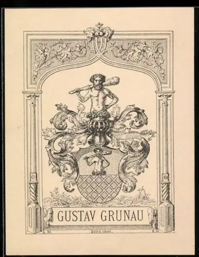 Exlibris Gustav Grunau, Wappen mit Figur und Ornamenten