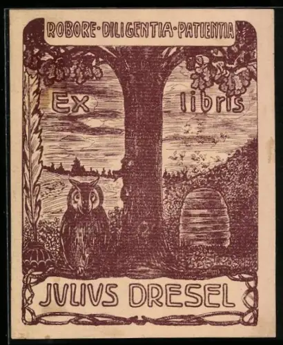 Exlibris Julius Dresel, Eule und Bienenstock unter Baum