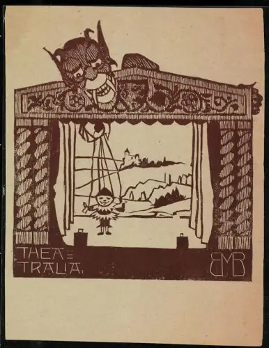 Exlibris Theatralia, Marionette auf Bühne mit Teufelsfigur im Hintergrund