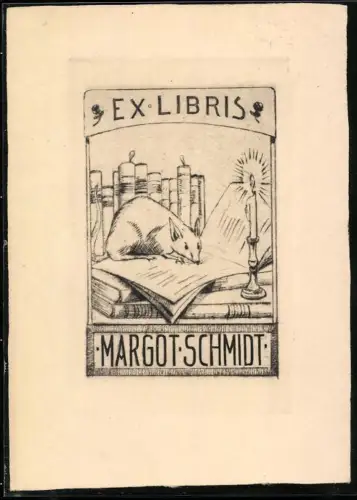 Exlibris Margot Schmidt, Maus und Kerze auf Büchern