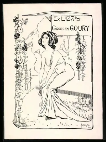 Exlibris Georges Goury, Schöne Frau mit entblösster Brust im Garten