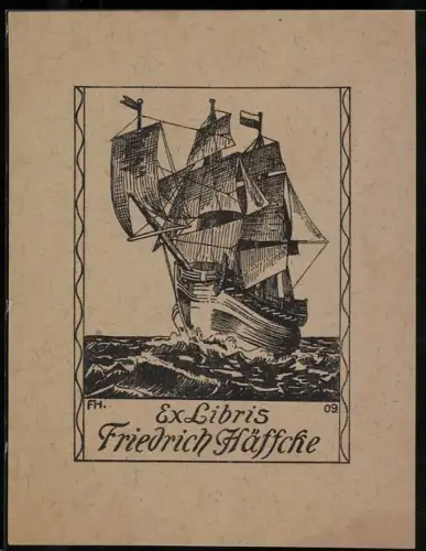 Exlibris Friedrich Häffcke, Segelschiff auf stürmischer See