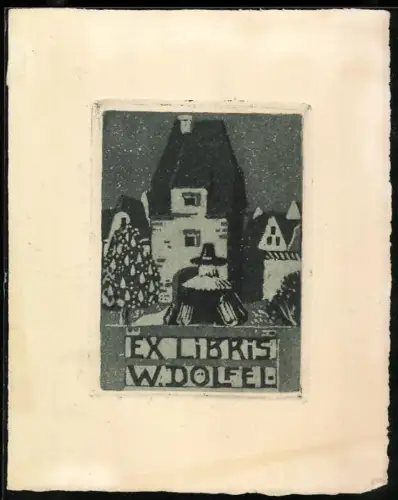 Exlibris W. Dolfel, Winterlandschaft mit Gebäuden
