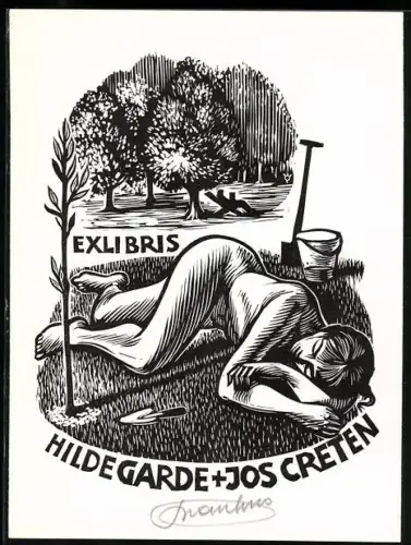 Exlibris Hildegarde und Jos Creten, Nackte Frau liegt im Garten