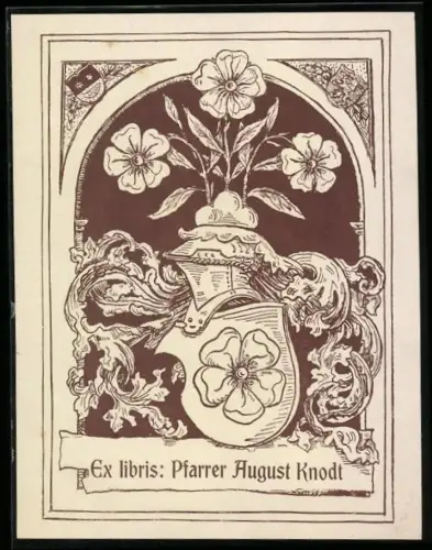 Exlibris Pfarrer August Knodt, Florales Wappen und Vasenmotiv