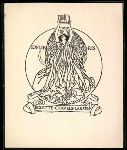Exlibris Bolette C. Pavels-Larsen, Engel mit Buch in den Händen