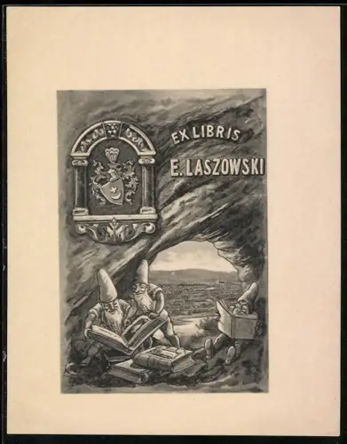 Exlibris E. Laszowski, Zwerge lesen in Höhle mit Stadtblick