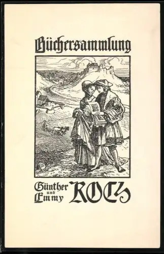Exlibris Günther und Emmy Roetz, Büchersammlung mit Landschaft und mittelalterlicher Szene