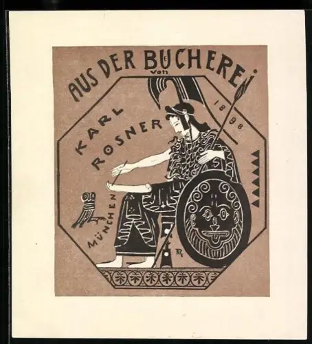 Exlibris Karl Rosner, Athena mit Eule und Schild