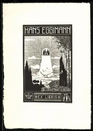 Exlibris Hans Eggimann, Landschaft mit Burg und Figur im Vordergrund