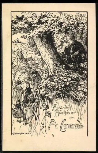 Exlibris A. Conrad, Szene unter einem Baum mit Kirche im Hintergrund
