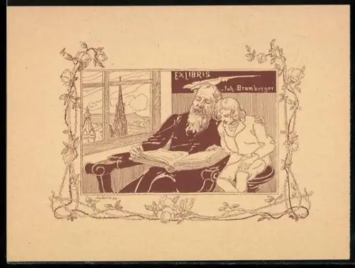 Exlibris Joh. Bramberger, Alter Mann und Kind lesen in einem Buch
