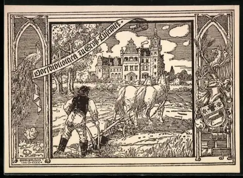 Exlibris Dorfbibliothek zu Gross Lüsenitz, Bauer mit Pflug vor Herrenhaus und Wappen